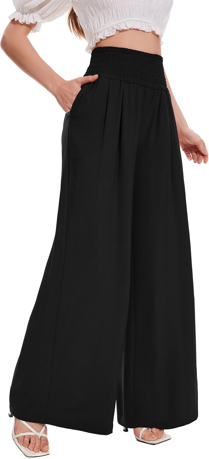 FUNYYZO Womens Palazzo Pants Elastic Waisted Pull On Beach Trousers Casual Wide Leg Long Lounge 2026 Summer Vacation - Image 4