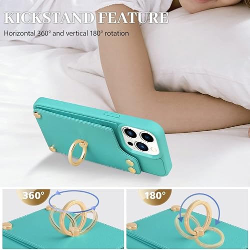 Miniatura 7 de LAMEEKU - Funda tipo cartera para iPhone 13 Pro Max con tarjetero, funda de cuero con ranuras para tarjetas, soporte de anillo de rotación de 360,