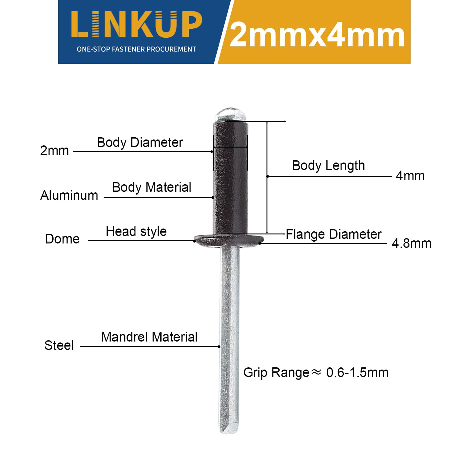 Linkup 150-Pack 5/32" X 5/8" Large Flange Pop Rivets – Big Head Aluminum Rivets With Steel Mandrel, 4mm X 16mm, Silver