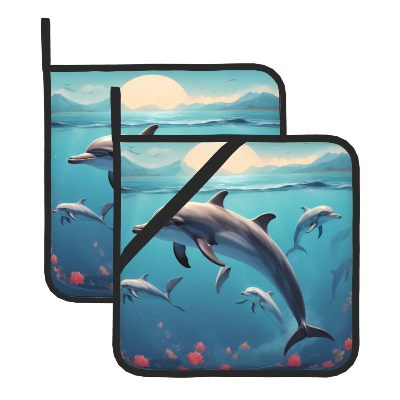 HJFCZH Dolphins in The Sea Printed Square Insulated Pot Mat Set (2-Piece) 8x8in Waterproof, Thickened & Easy to Clean with Lanyard Design for Kitchen, Oven & BBQ