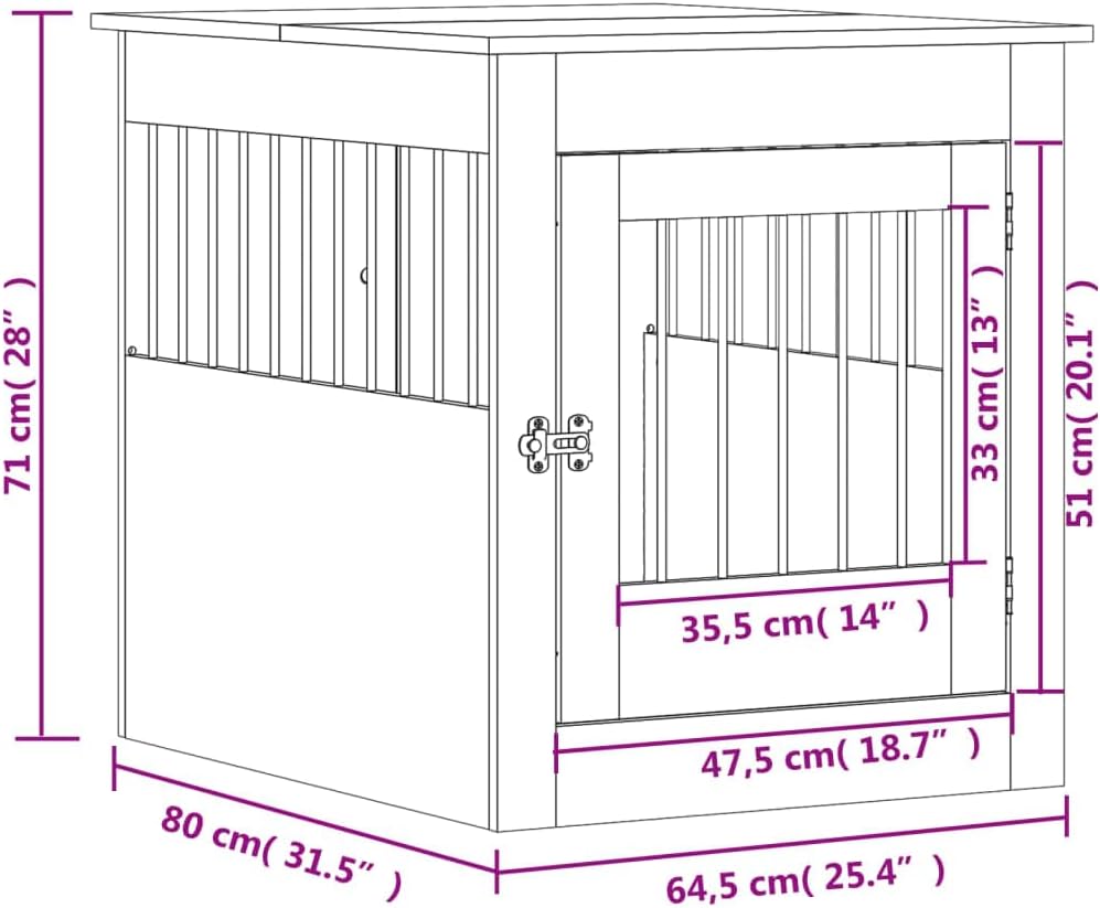 Technical diagram showing the dimensions of the vidaXL Dog Crate Furniture: 64.5 cm (25.4 inches) length, 80 cm (31.5 inches) width, and 71 cm (28 inches) height.
