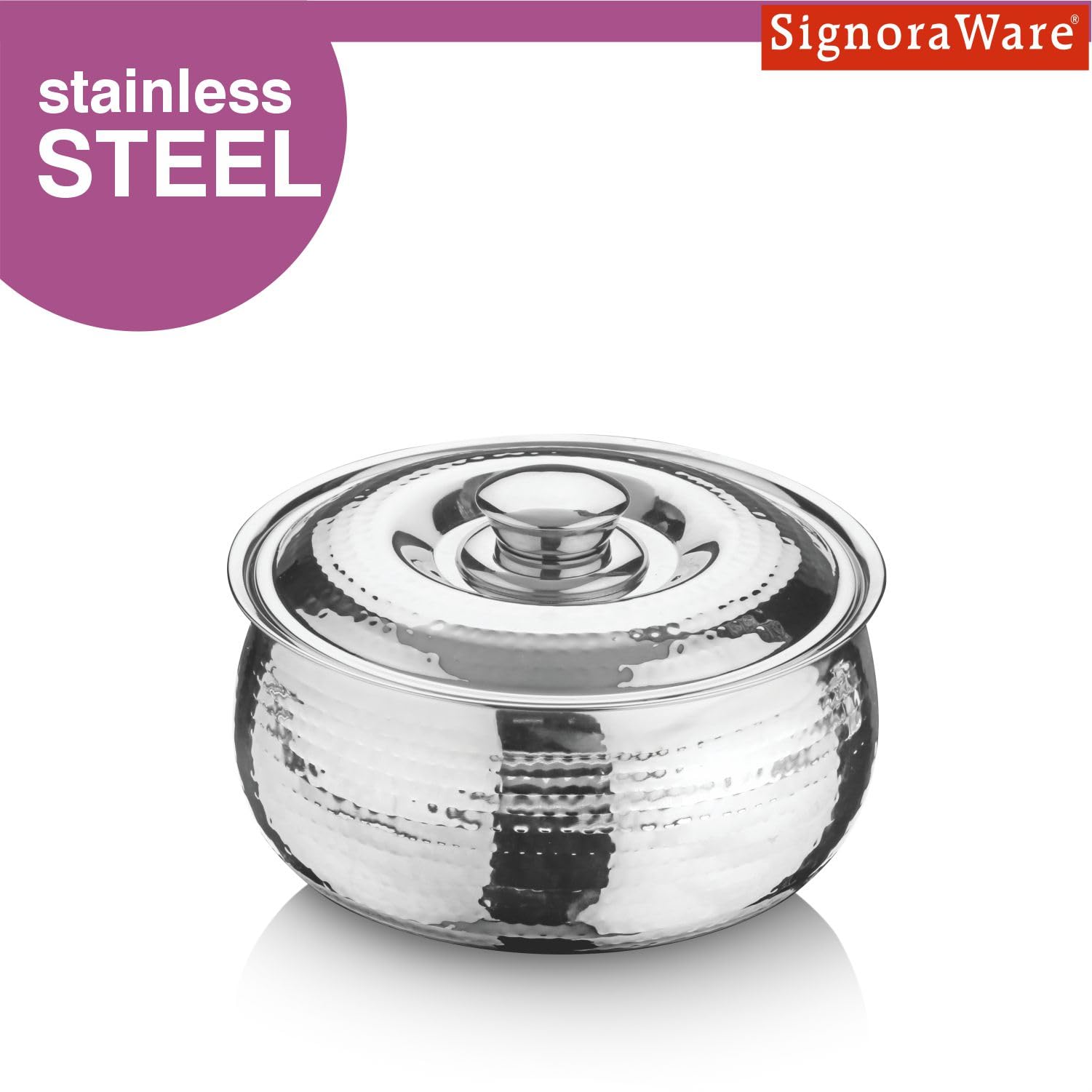 Signoraware Hot Delight Hammered Stainless Steel Casserole | Airtight Lid | Retain Freshness | Great For Travelling or Small Gatherings | Perfect For Hot Curry, Chapatti & Rice (2.1 Ltr | Steel) 2