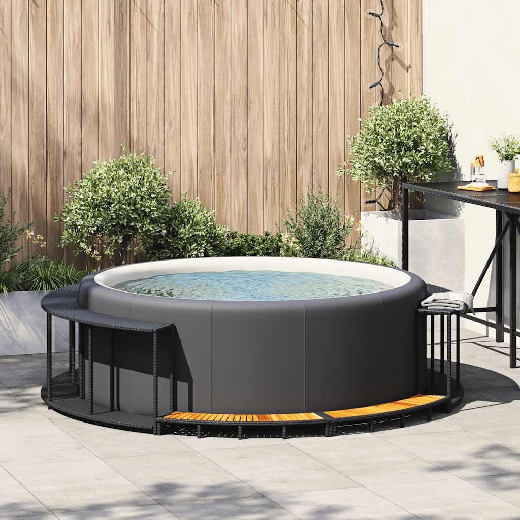 Ribete para bañera de hidromasaje con espacio de almacenamiento, color negro de ratán sintético y escalón de madera de acacia, apto para jacuzzis portátiles