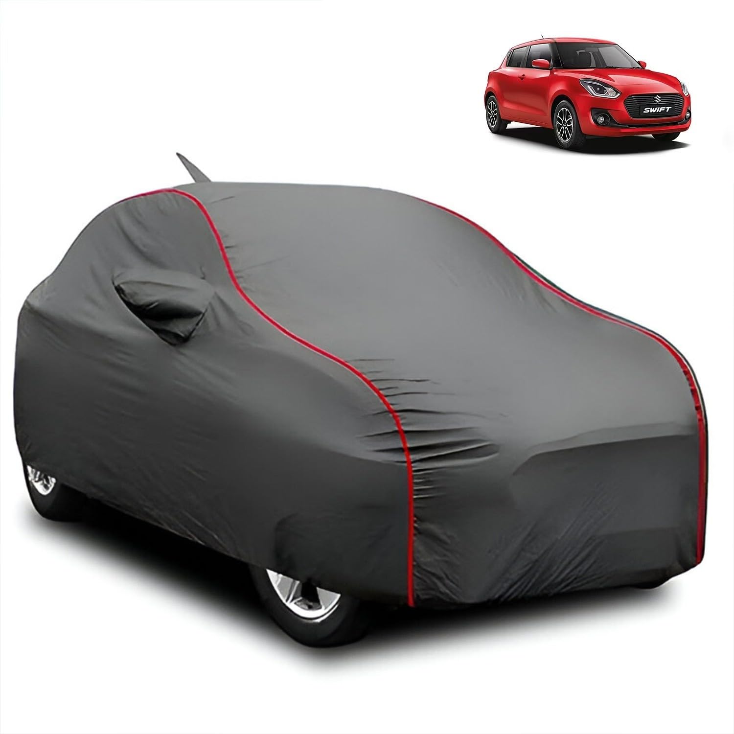 FABTEC Waterproof Premium Car Cover for Maruti Swift (2018-23) with Mirror and Antenna Pocket Super Waterproof Car Body Cover Heavy Duty Durable Peva Grey with Red Piping