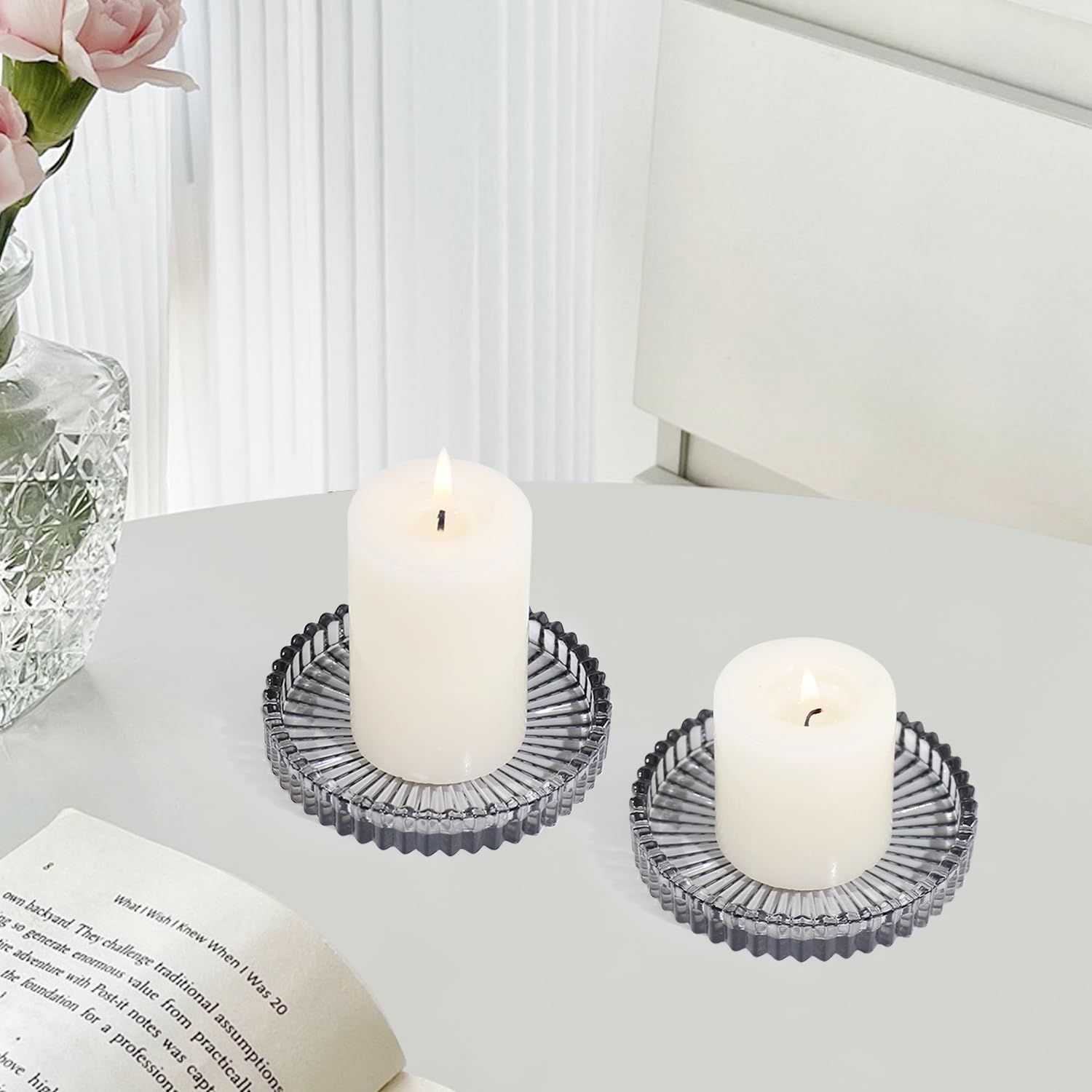 HofferRuffer Confezione da 3 piatti in vetro da 10 cm, portacandele rotondi per candele a pilastro, portacandele tealight, grigio