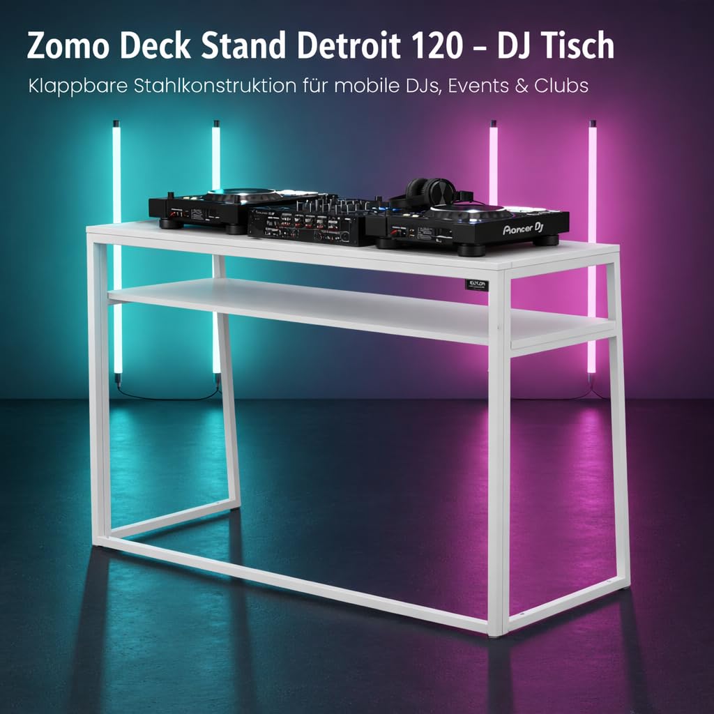 Zomo Deck Stand Detroit 120 - Table de DJ 120 x 58 x 95 cm - Blanc - Construction en acier pliable - Portable pour équipement DJ mobile