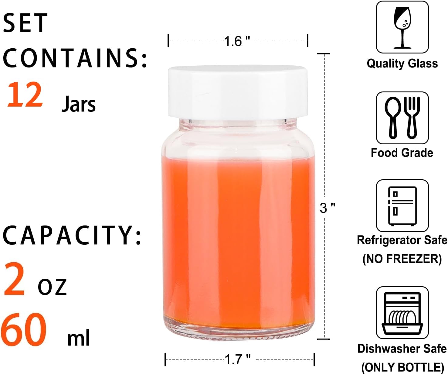 MEETOZ 12 Pack 2oz/60ml Reusable Mini Clear Glass Shot Bottles,Wellness Shots Bottles for Juice, Ginger, Small Glass Jars,with Lids, Funnel, Labels, Pen,Cleaning Brush - Image 2