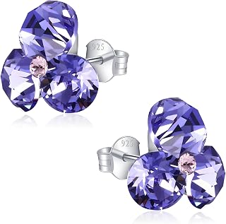 Birthstone Stud Earrings for Women – With 4 Austrian Crystals and 925 Sterling Silver – Gift for Mom, Pink/Blue/Purple/Green/Clear