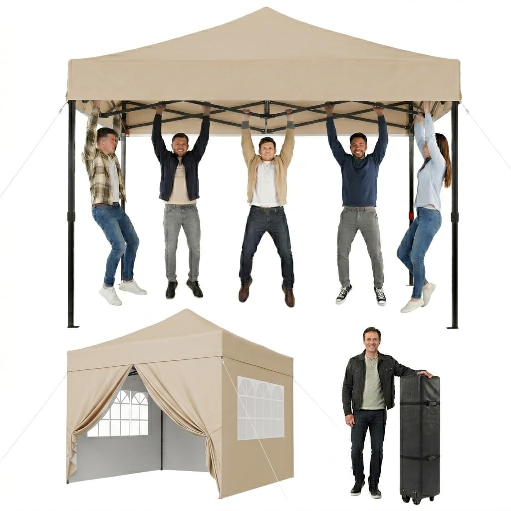Aoxun Pop Up Gazebo with Sides 3m x 3m Waterproof Heavy Duty Tent Beige