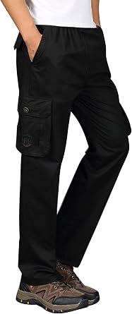 Mens Twill Straight Leg Elastic Waist Workwear Zip Fly Pull On Cargo Pants