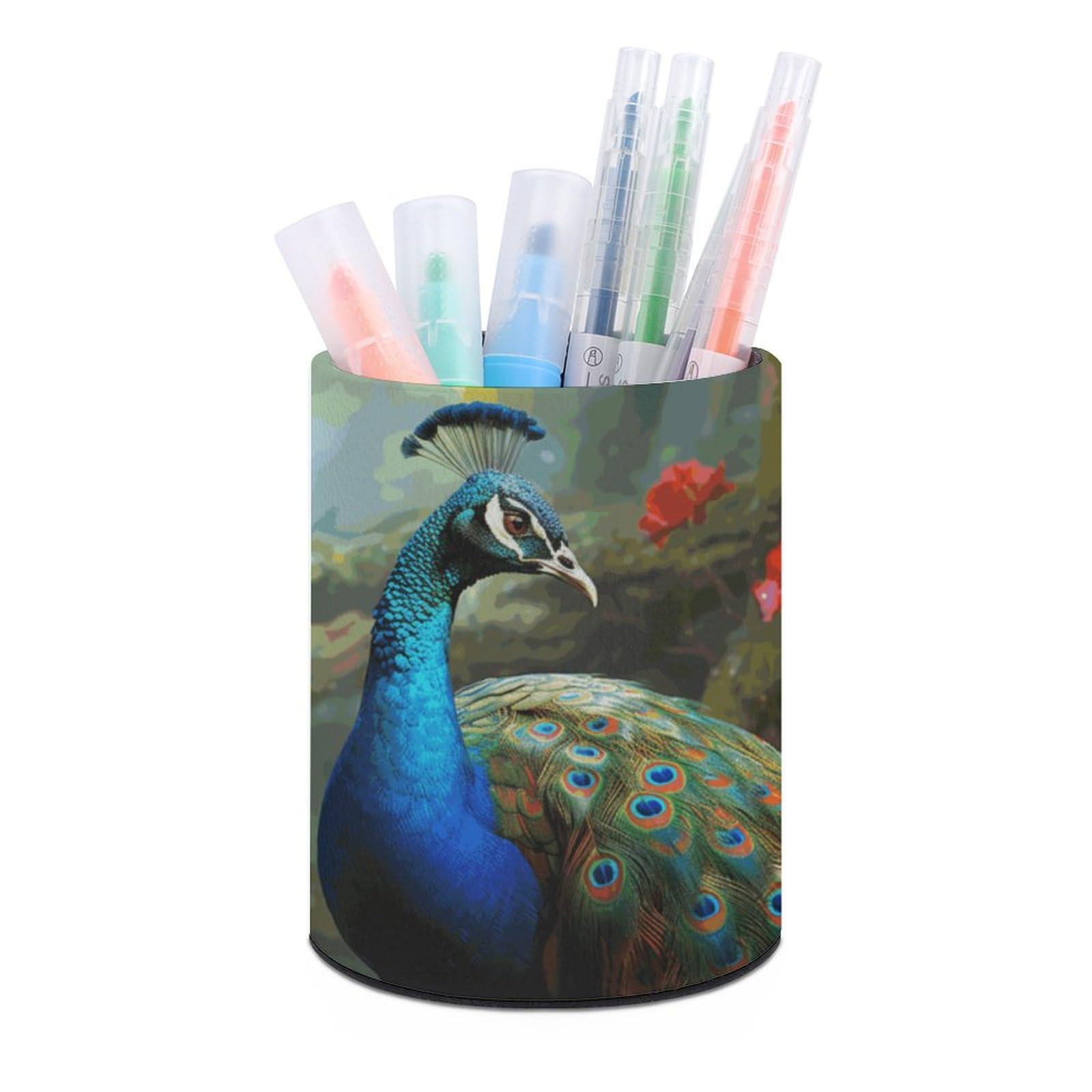 NONHAI Lether Pen Holder for Desk, Colorful Peacock Pencil Holder Organizers for Desktop, Pencil Cup Stationery Organizer for Office Desk Accessory, Square Makeup Brush Srotage Box Pencil Caddy