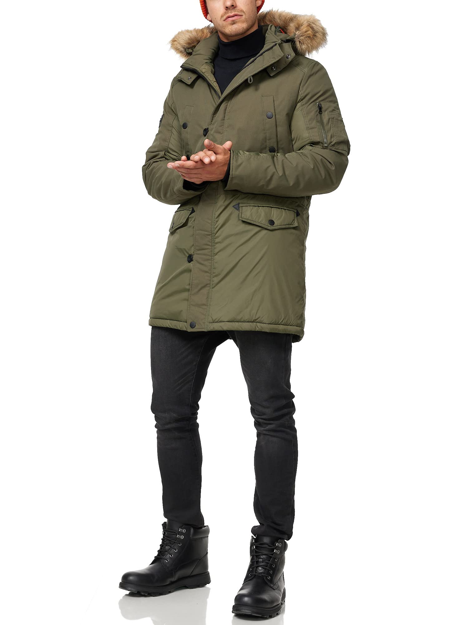 Indicode Hombres Jarl Parka de invierno con capucha extraíble de pelo sintético y cuello alto