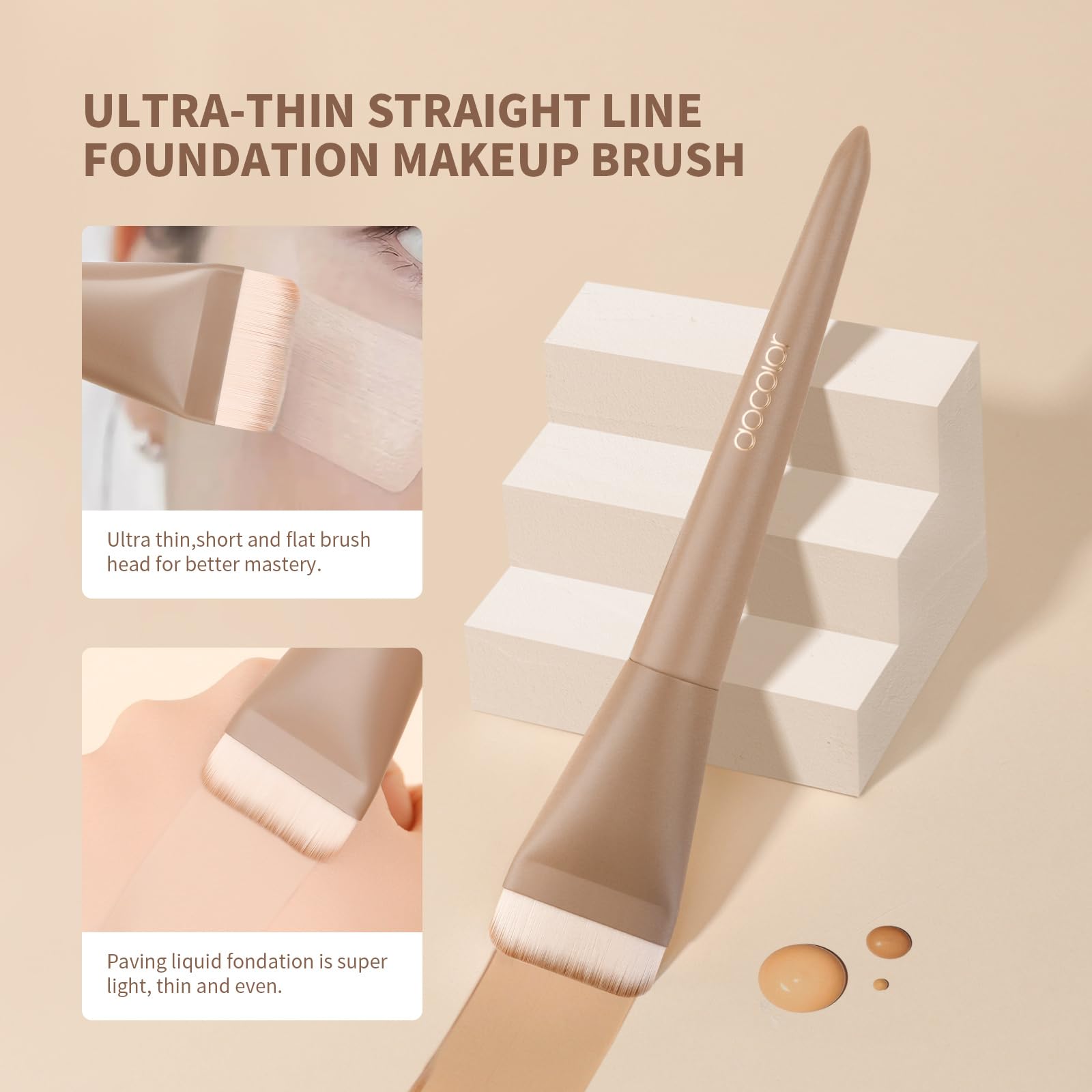 Docolor Brocha Plana para Maquillaje Líquido, Brocha Ultrafina Facial Profesional Premium para Base Líquida y Cremas, Herramienta de Korean Maquillaje Facial Delgada con Diseño Plano, Color Caqui