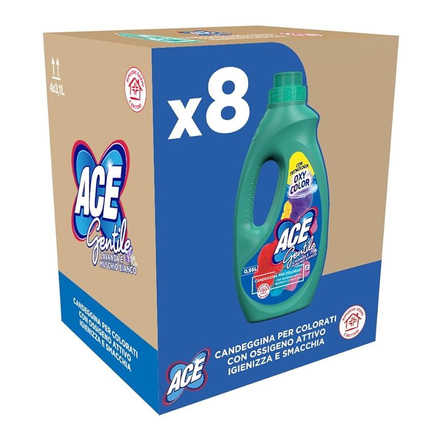 ACE Gentile Candeggina Delicata, Profumazione Lavanda e Muschio Bianco, Confezione da 8 Flaconi x 0,95 Litri