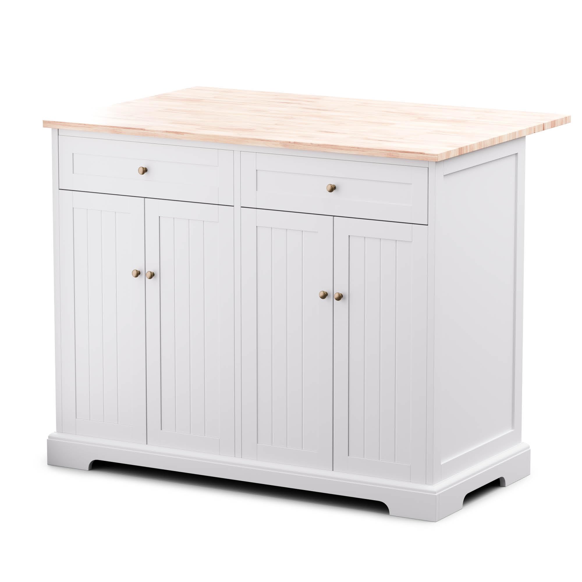 Blumfeldt White And Oak Kitchen Island – Free-Standing Kitchen Island With Extendable Worktop, 2 Drawers & 4 Doors For Ample Storage, Modern Design, 106.5X49.5x89cm, Easy Assembly