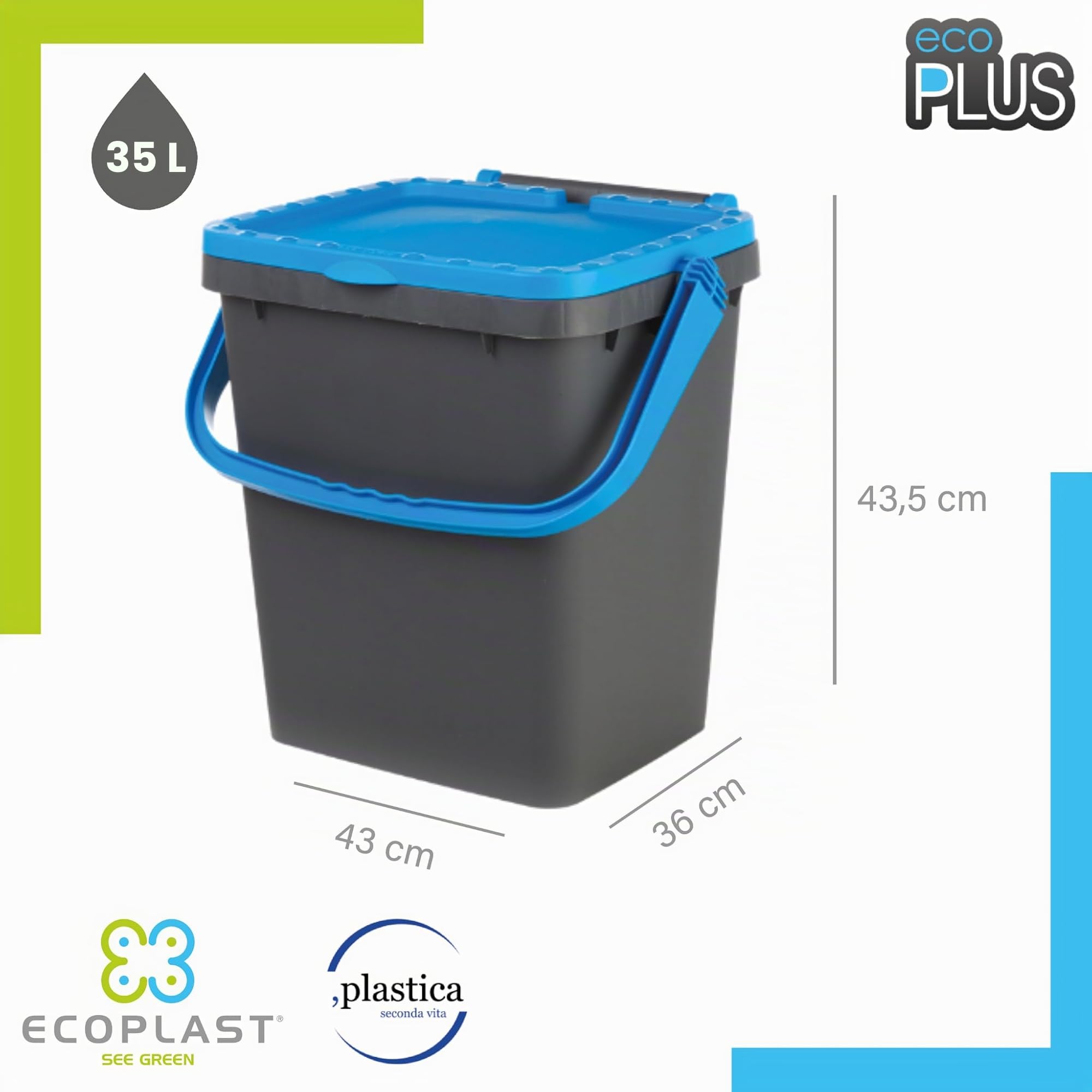 Ecoplast | Cubo de basura de 35 litros para recogida selectiva – con tapa y asa antitirandagismo, ideal para exteriores e interiores