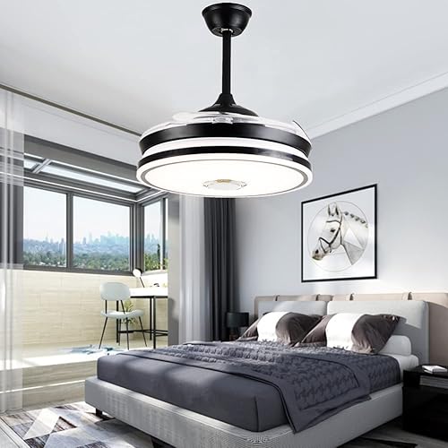 Miniatura 9 de RuiWing - Ventilador de techo Bluetooth de 42 pulgadas con luz y altavoz, control remoto, cuchillas retráctiles, lámpara LED de música, 7 colores,