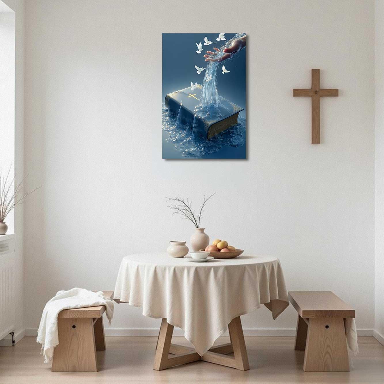 BJYCHG Jesus Christian Canvas Wall Art The Hand of God Pictures Holy Bible Water Cross Poster Prints Religious Dove of Peace Paintings Church Prayer Room Decor Framed (Blue, (18L x 12W))