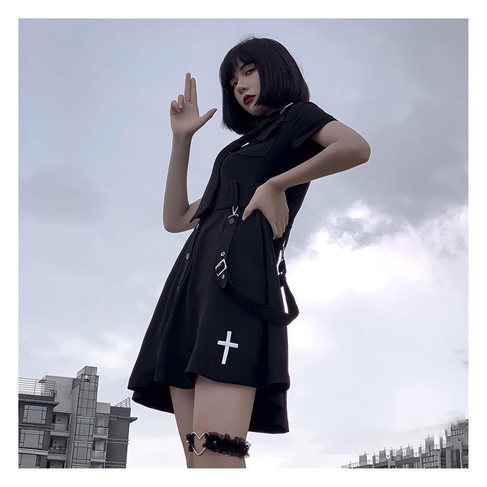 Robe gothique japonaise Lolita pour femme, style croix punk académie, noir, grande taille
