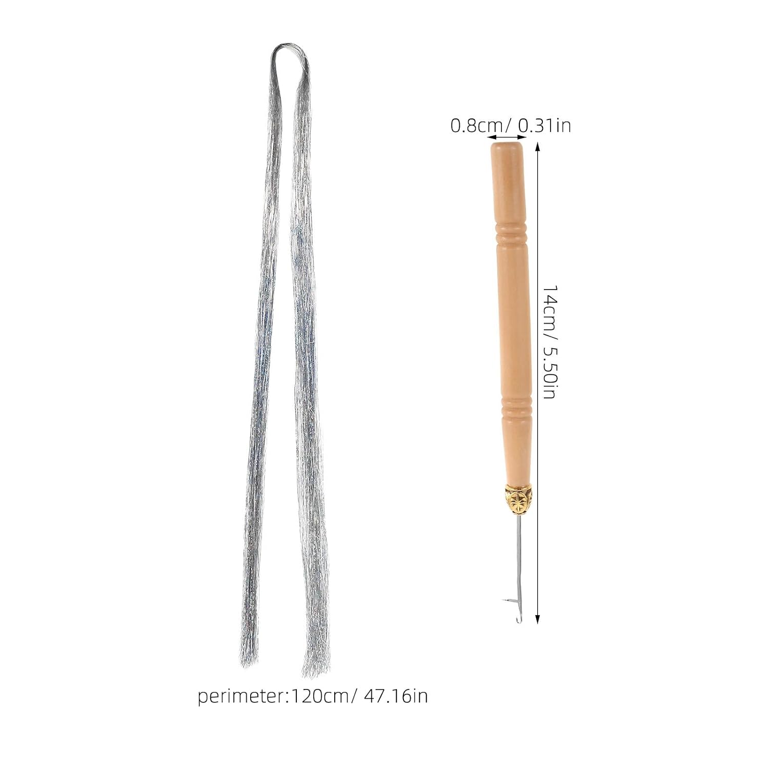 Hair Tinsel Kit with 4 Silver 120cm Sparkly Braiding Hair Strands Heat Resistant with Wooden Hook and 20 Attachment Rings for Party and Festival