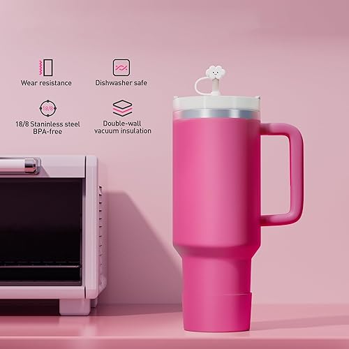 Miniatura 7 de KISSKIND Vaso de 40 onzas con asa y pajilla, tapa de vaso rosa intenso, tapa de silicona a prueba de fugas, tapa de pajilla, vaso rosa caliente,