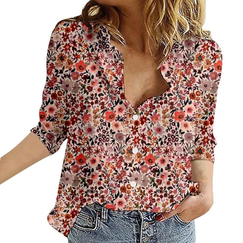 Womens Blouses Button Down V Neck Collared Classic Polka Dot T Shirts Casual Long Sleeve Ladies Tops (Floral-12, L)