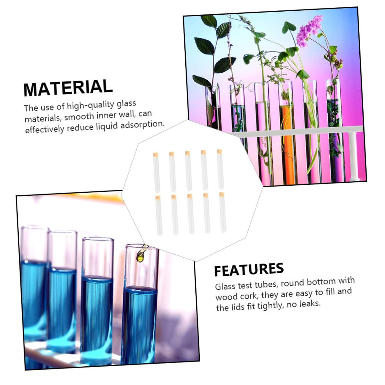 ABOOFAN 5 Series Botellas De Muestra Tubo De Ensayo Con Tapón De Corcho Tubo De Ensayo Plano Transparente Laboratorio Redondo Tubos De Ensayo Para Plantas Fiesta De Madera 10 Piezas X 5