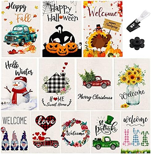 Seasonal Garden Flags Set of 12 Double Sided 12 x 18 Inch Yard Flags Small Welcome Garden Flags for Outside, Summer Fall Winter Halloween Christmas Outdoor Flags Holiday Garden Flags for All Seasons