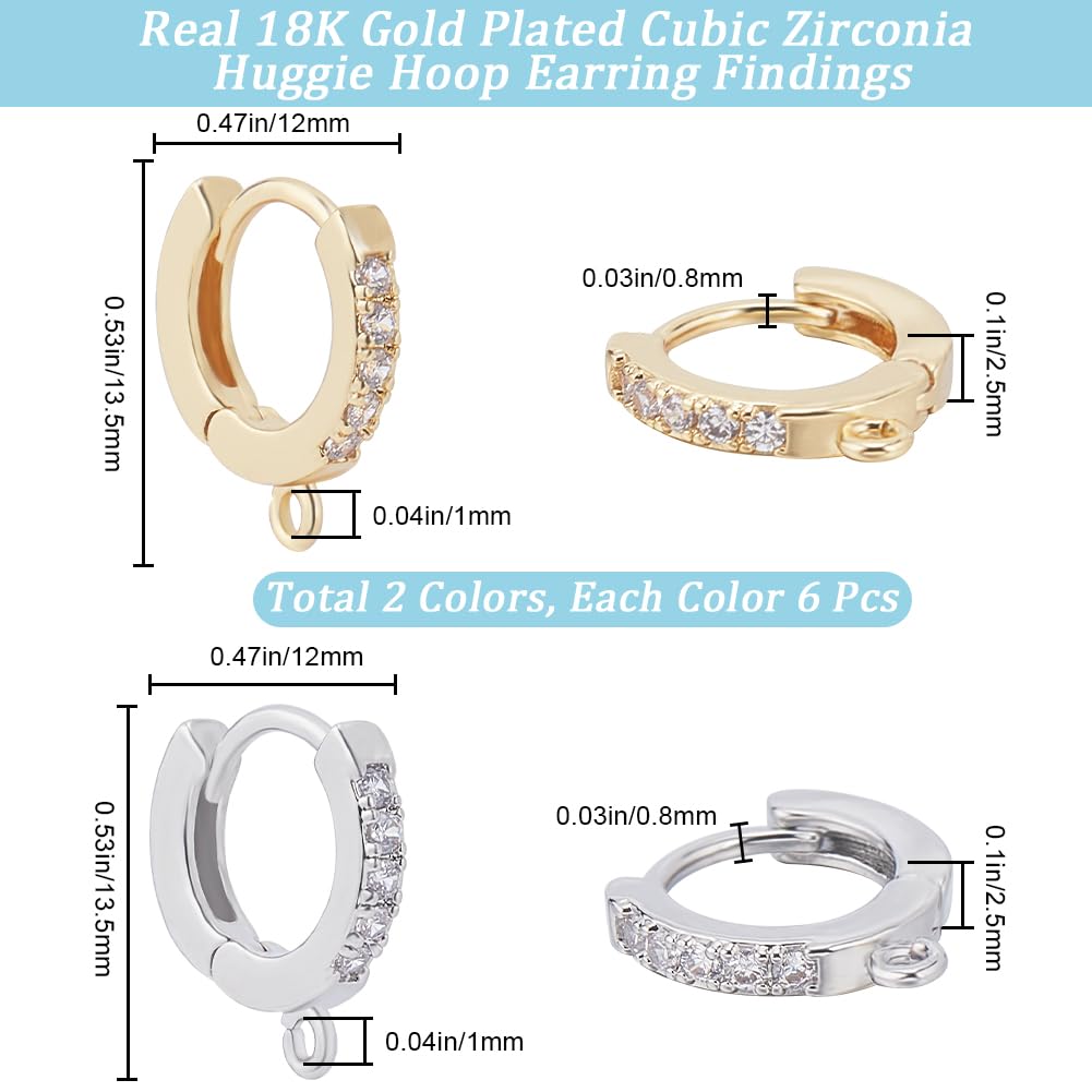Beebeecraft 12 Pezzi Accessori per Orecchini Huggie Hoop Placcati In Oro 18K Zirconi Cubici 2 Colori 1 mm