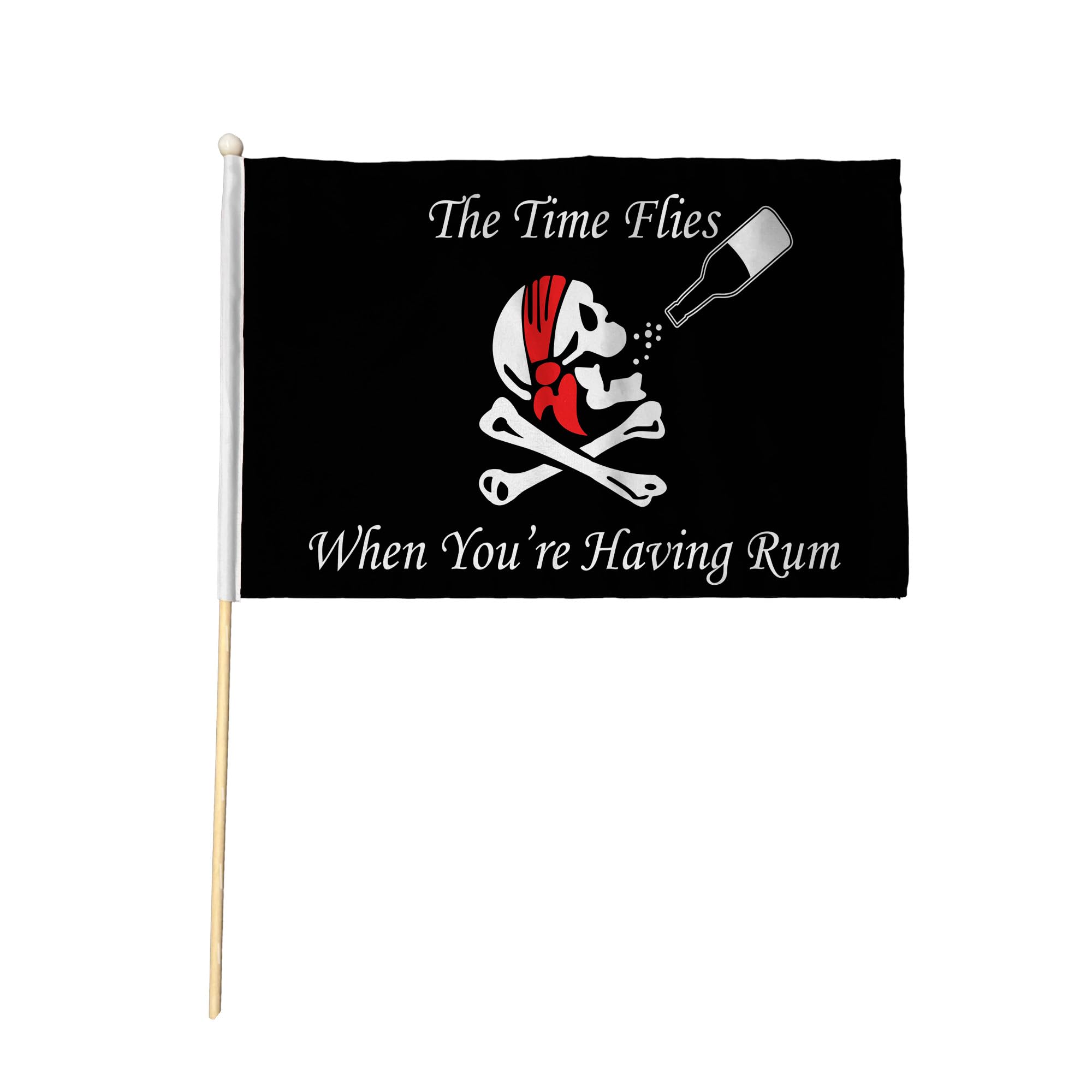 Flagtex Time Flies When You Have Rum Pack of 12 Hand Waving Flag (9x6 Inch) - Premium Wooden Stick Pirate Flag 9x6 Inch Natural Wood Pole Funny Skull Jolly Roger Party