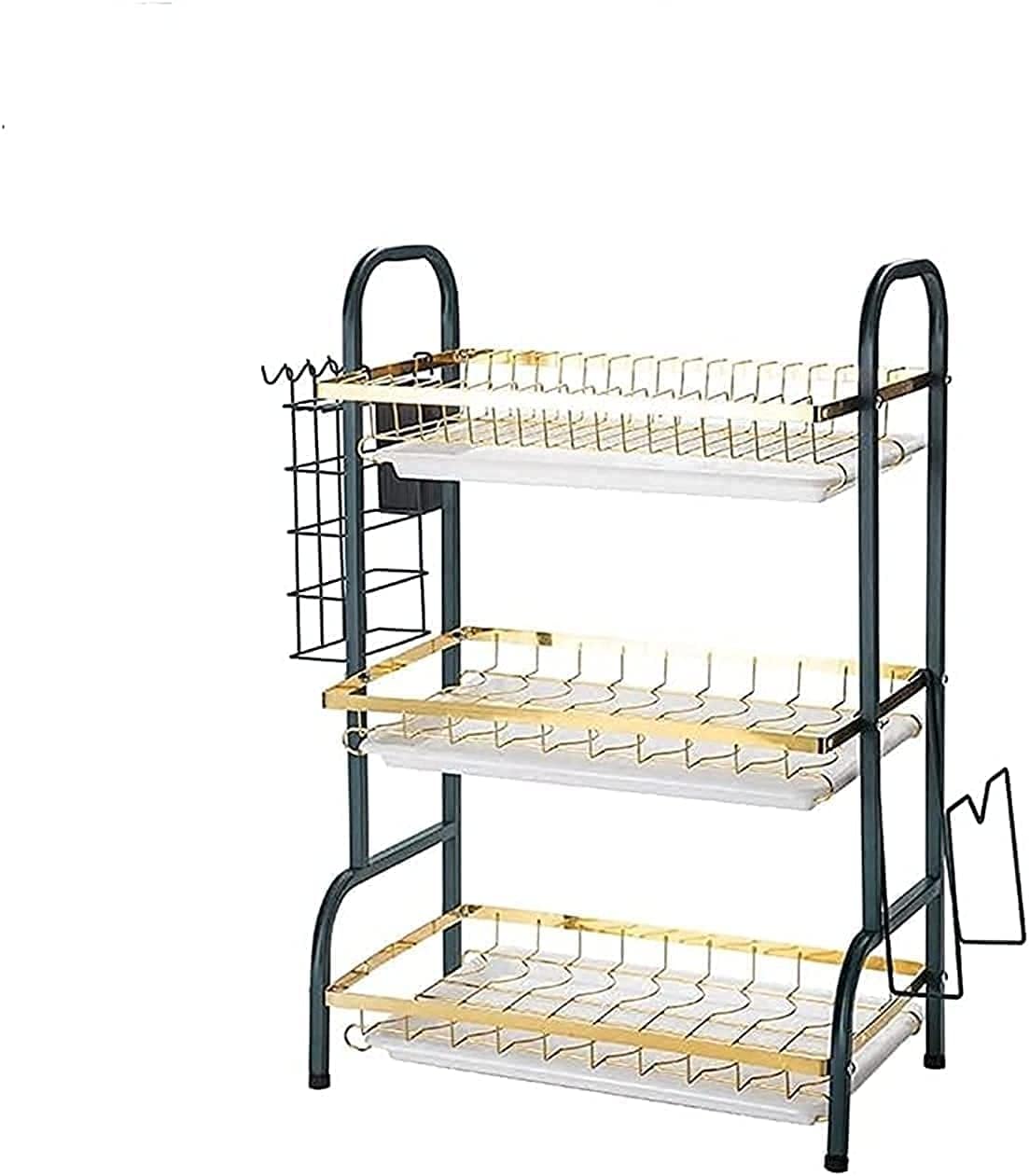 3 Tier Dish Drying Rack, Dish Drainer with Drainboard and Utensil Holder Large Capacity for Kitchen Countertop (Black Gold)