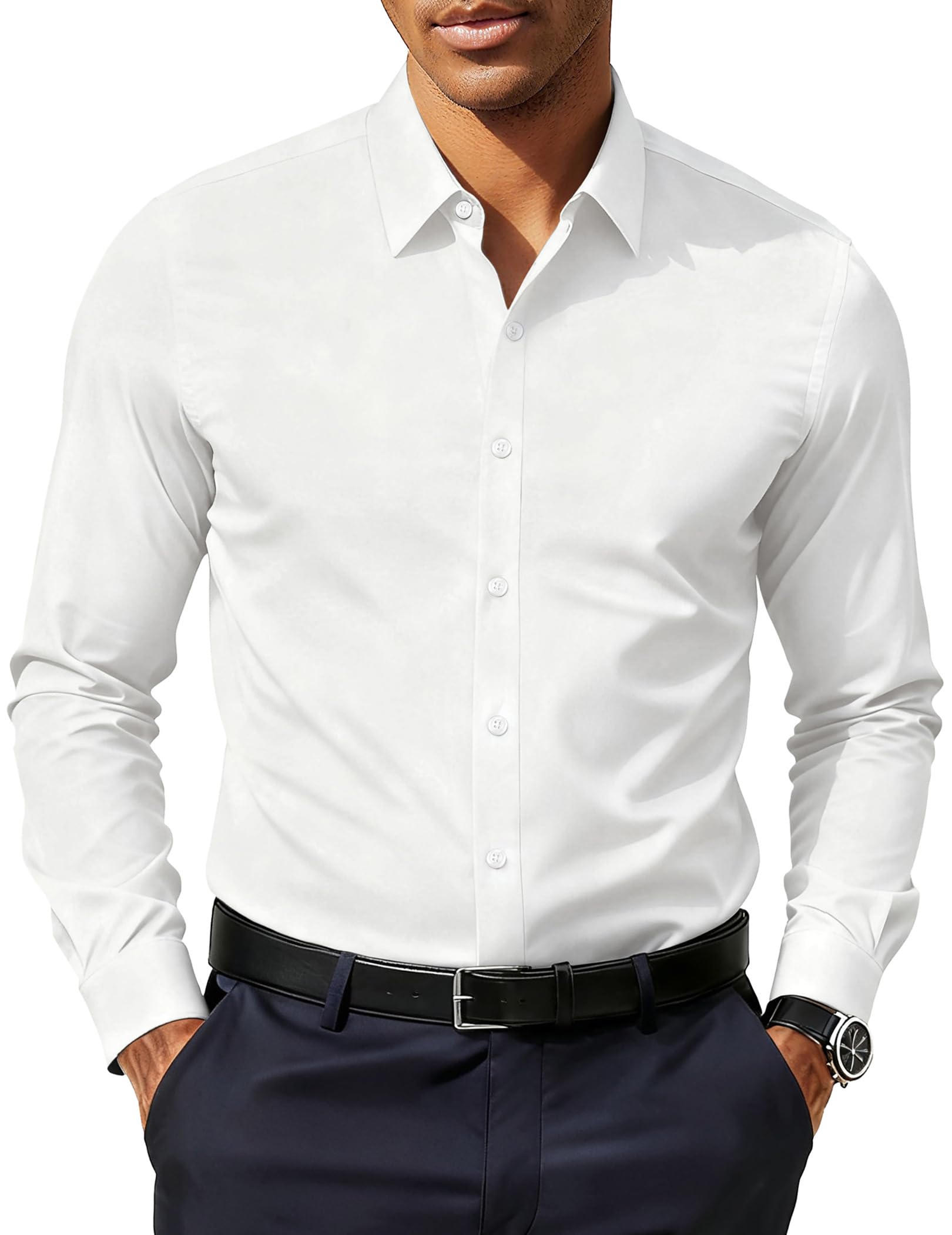 PJ PAUL JONES Mens Slim Fit Dress Shirts Business Casual Long Sleeve Stretch Wrinkle Free Shirt