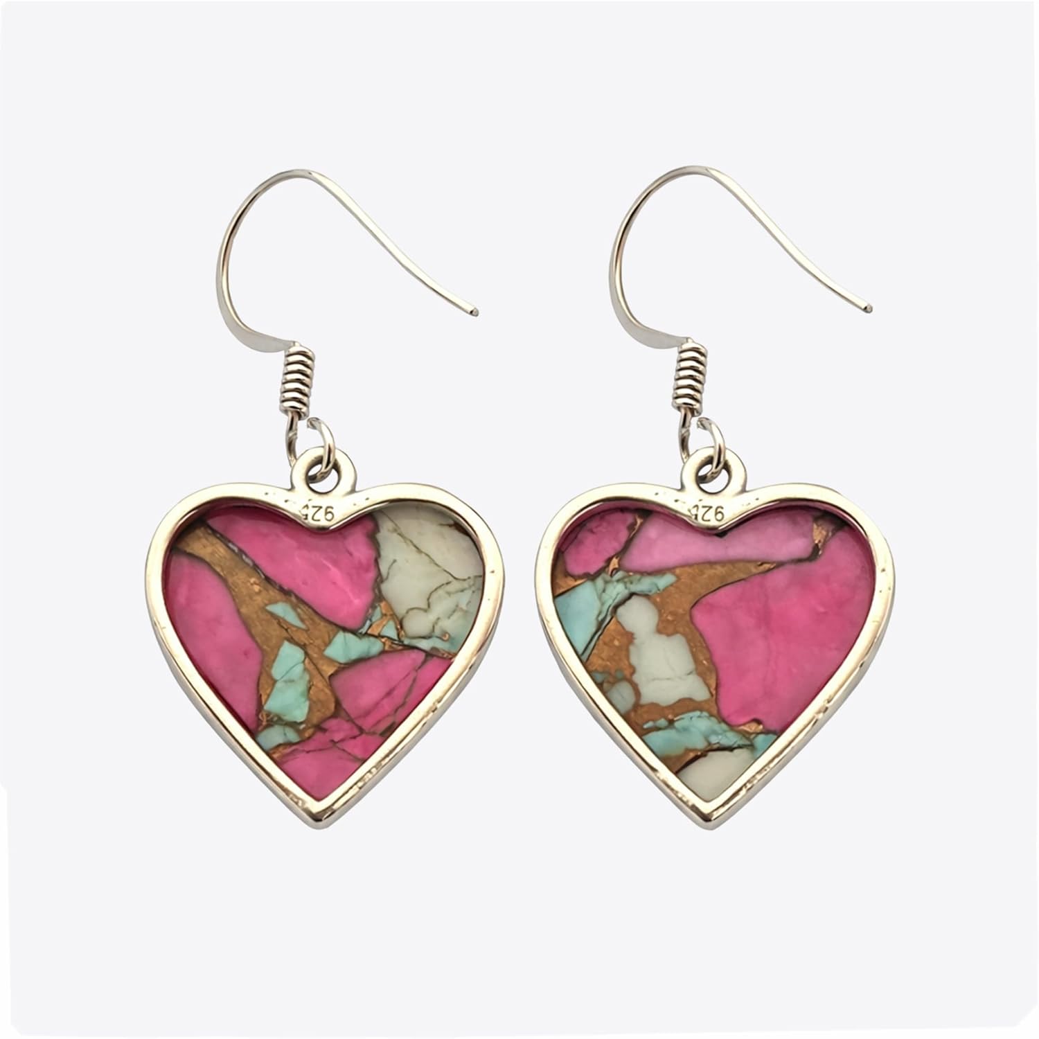 Heart Shape Copper Turquoise Dangle Earrings Solid 925 Sterling Silver Handmade Love Earrings Valentine’s Day Romantic Jewelry Gift for Her, Wife, Girlfriend