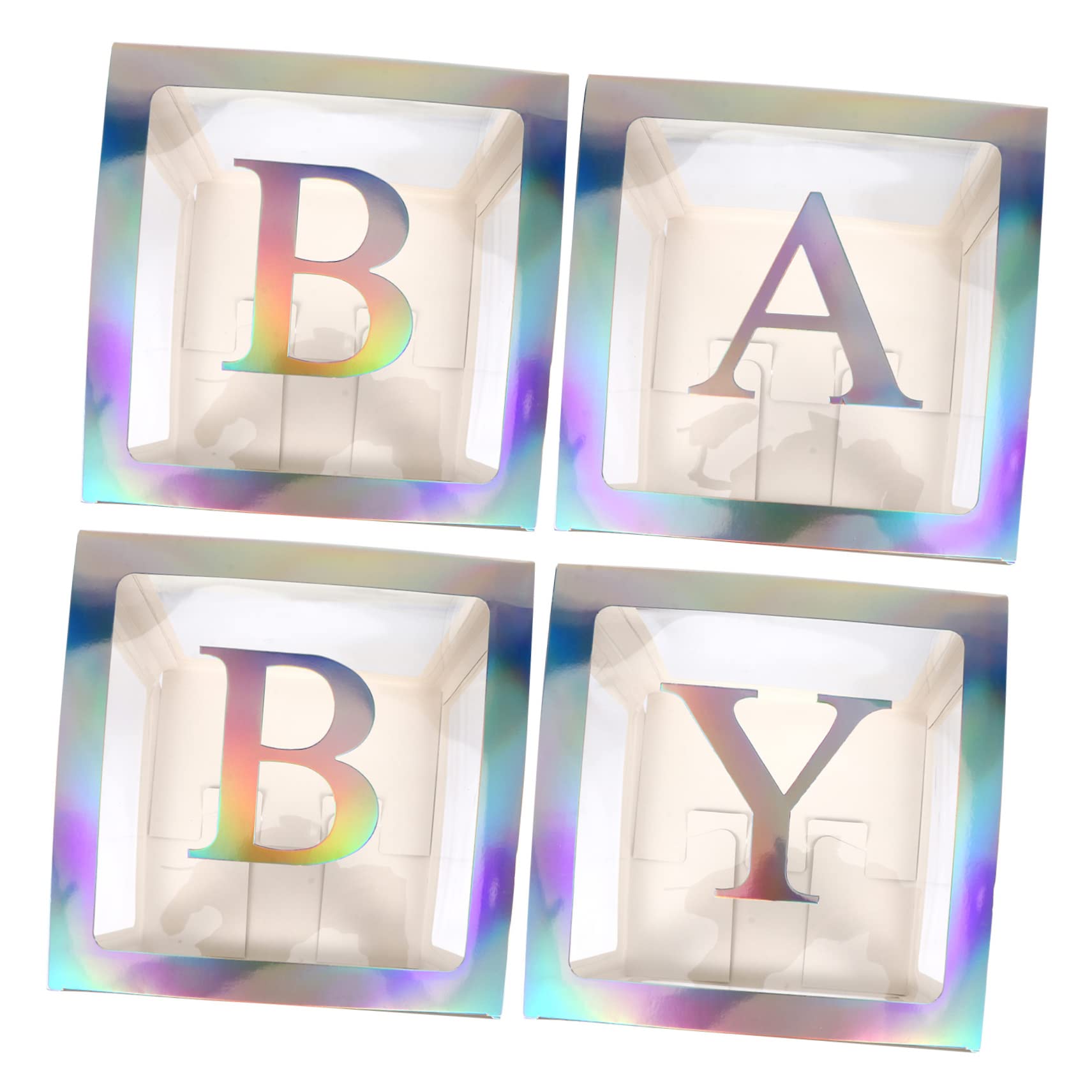 Babyparty Kasten Satz mit 4 Teilen aus Papier in Silber | Transparente Ballonbox, Buchstaben B A B Y Enthalten, für Babyparty und Home Decor