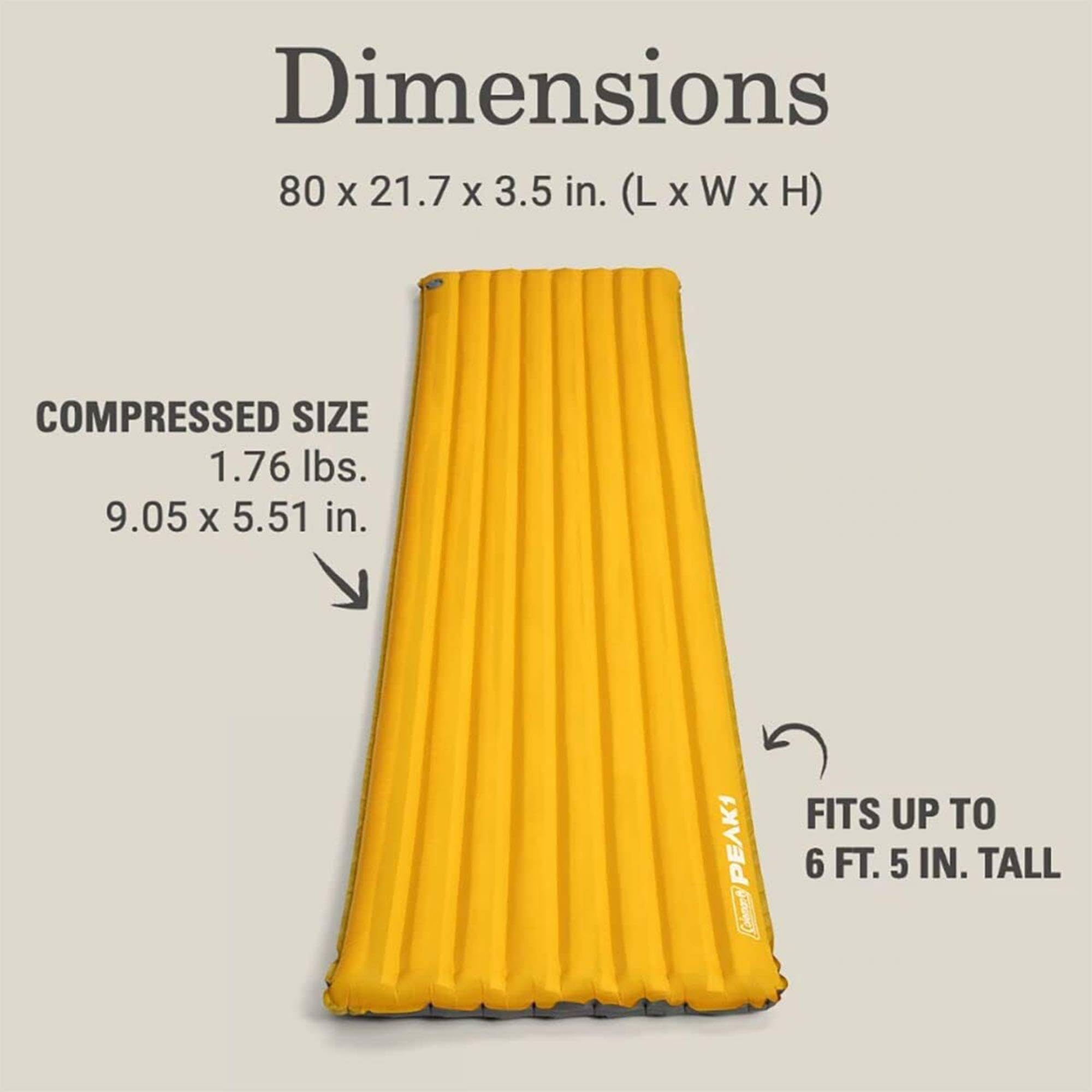 Coleman PEAK1 Sleeping Camp Pad with Integrated Valve System and Carry Bag for great for Backpacking, Hiking, and Rugged Car Camping, Marigold