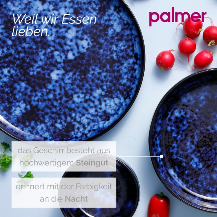 palmer Bama Blue grosse tiefe Teller - 2er-Set - Steinzeug - Ø 22 cm - blau schwarz hochglanz - für Pasta, Suppe oder als Servierteller - stapelbar, spülmaschinenfest