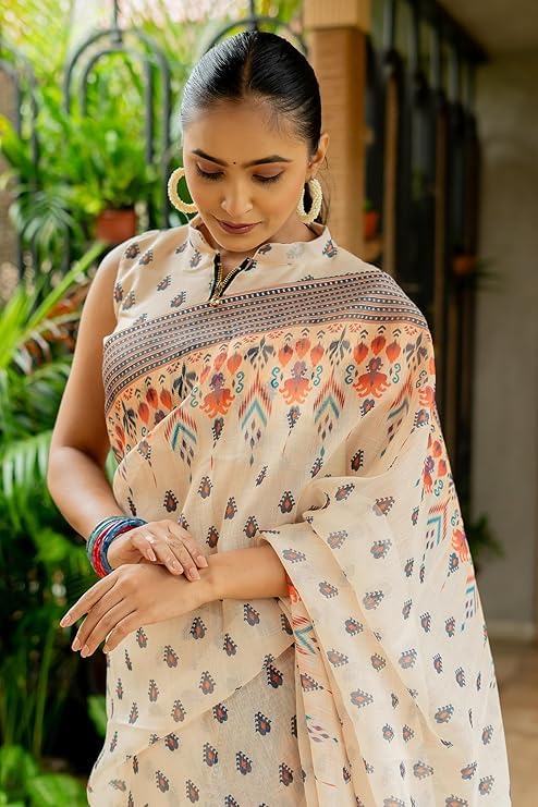 Image of RAJESHWAR FASHION WITH RF Soft Linan Cotton Summer collection rose digital print Traditional look saree beige