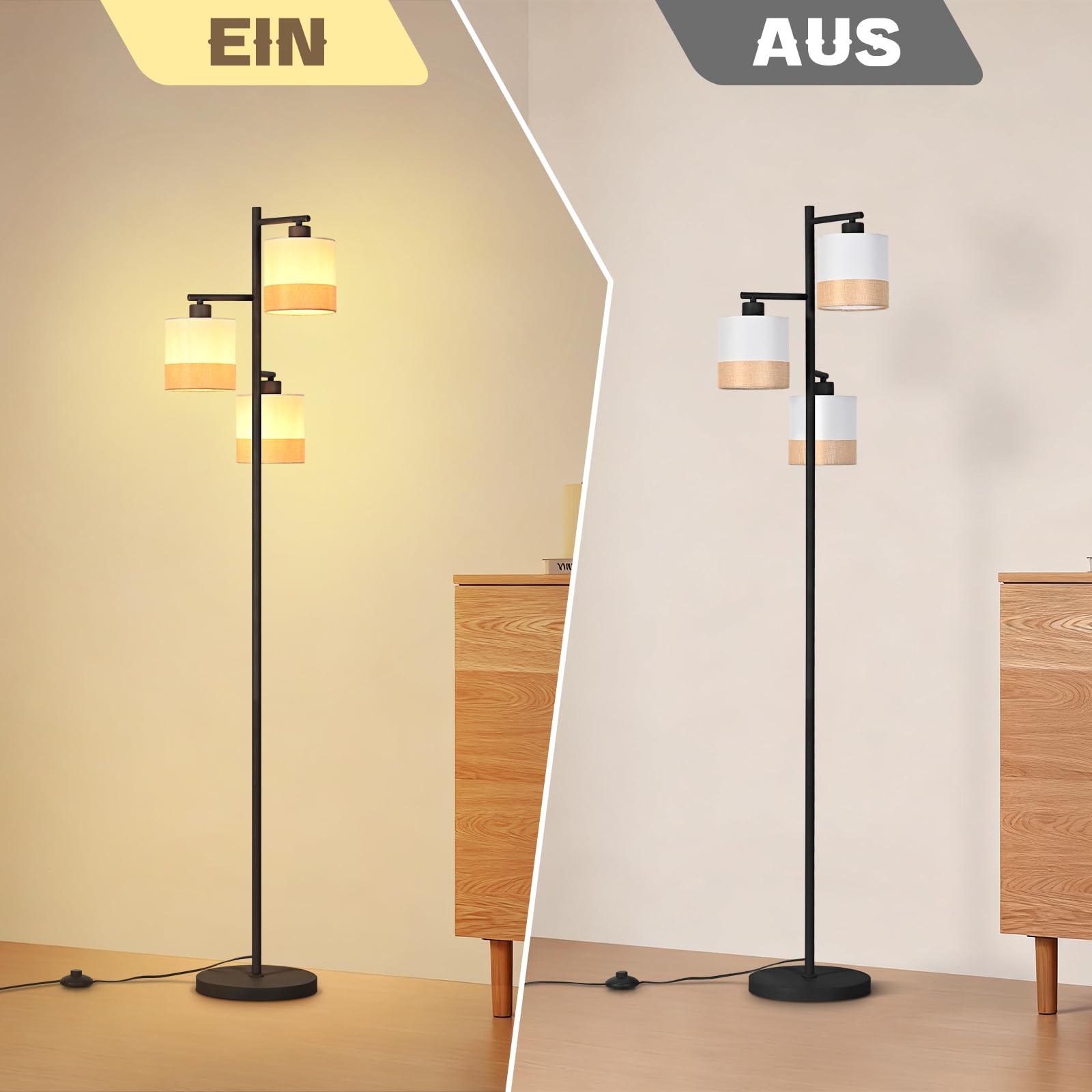 CBJKTX Stehlampe Wohnzimmer Stehleuchte Vintage - Stoff Standlampe 3 Flammig Standleuchte Schwarz Retro Leselampe E27 Rustikal Bodenlampe mit Fußschalter für Schlafzimmer Büro (ohne Leuchtmittel) | Flammig Standleuchte Schwarz Retro Leselampe E27 Rustikal