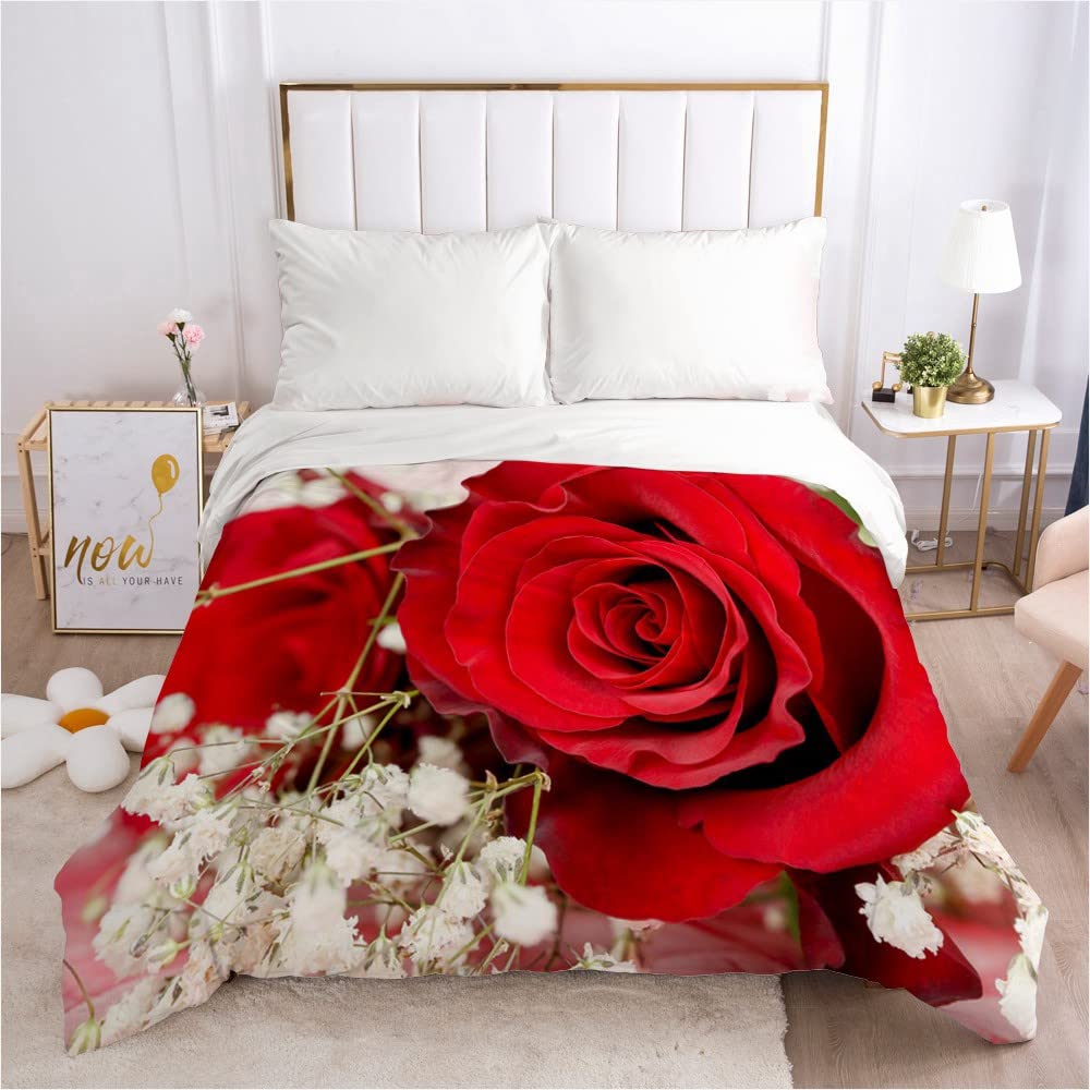 Set di biancheria da letto con stampa 3D, rosso rosa, copripiumino romantico, rosa, per ragazze e adulti, decorazione per la camera da letto