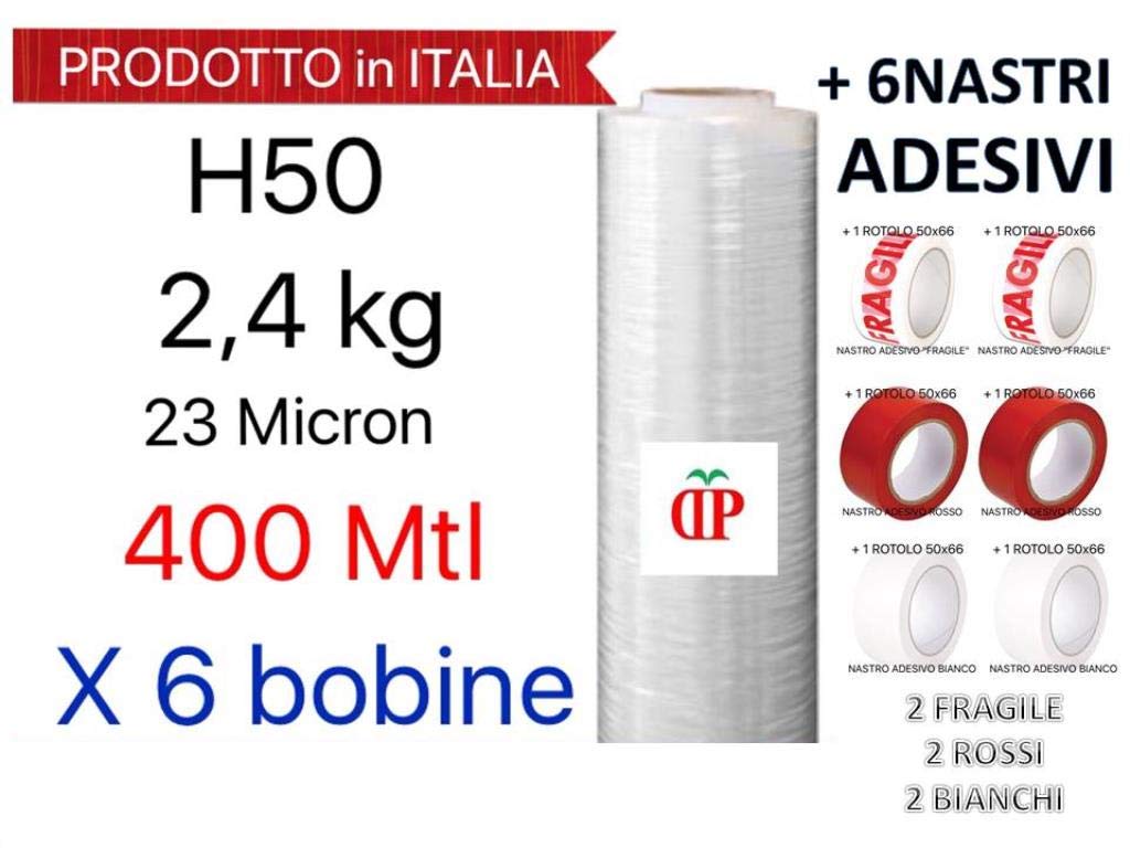 6 BOBINE Pellicola Film in Polietilene per Imballo Imballaggi H 50 cm in Rotolo da 400 mtl spessore 23 micron peso 2,4 kg + 6 ROTOLI NASTRO ADESIVO 50x66 (2FRAGILI+2ROSSI+2BIANCHI PPL SILENZIOSO)