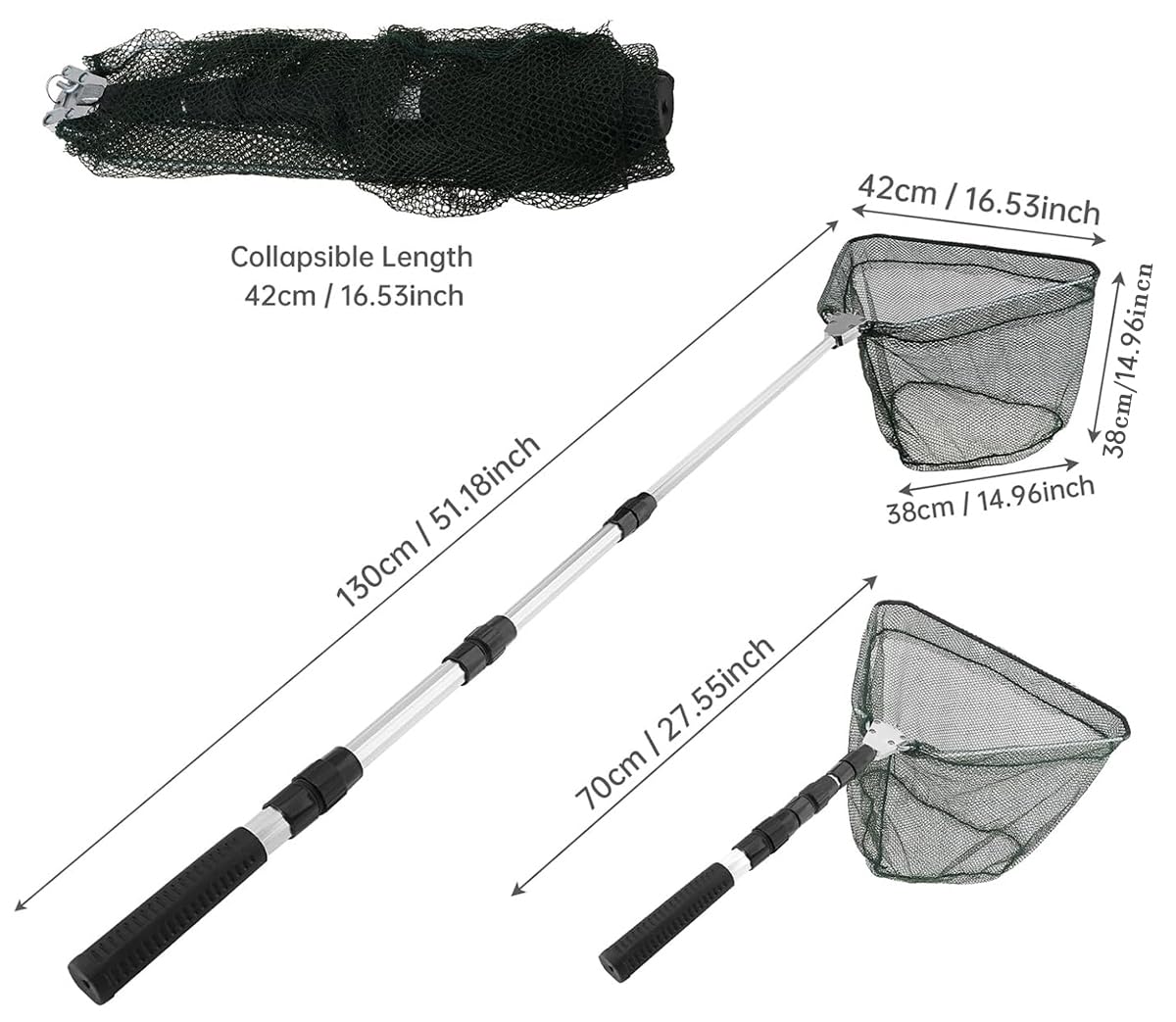 Épuisette de pêche Pliable de 130 cm - Cadre Triangulaire Stable - Épuisette de pêcher caoutchoutée pour étang, ruisseaux, Lacs et pêches en Bateau - Accessoire de pêche d'extérieur pour Adultes et