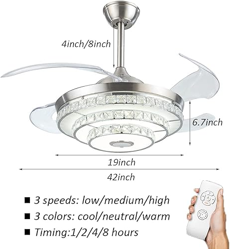 Miniatura 3 de Ventilador de techo moderno de 42 pulgadas con control remoto de luces, 7 colores regulables y 3 velocidades plateadas con altavoz Bluetooth,