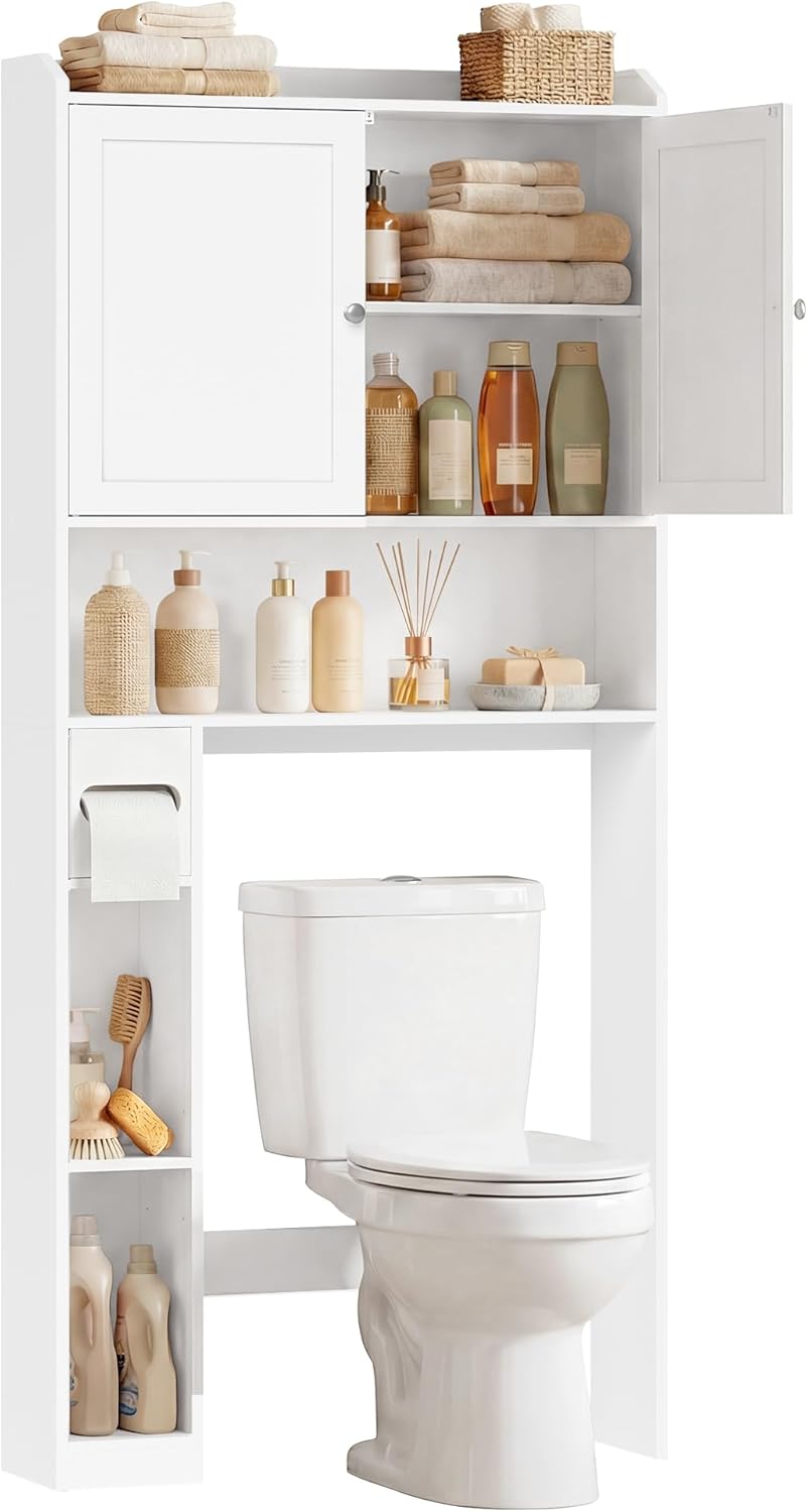 VASAGLE MAXE Collection - Over the Toilet Storage Cabinet, 23.6-Inch Wide Mid Century Modern Bathroom Organizer with Fluted Doors, Adjustable Shelf, Space-Saving, Oak Beige UBTS028YC01S