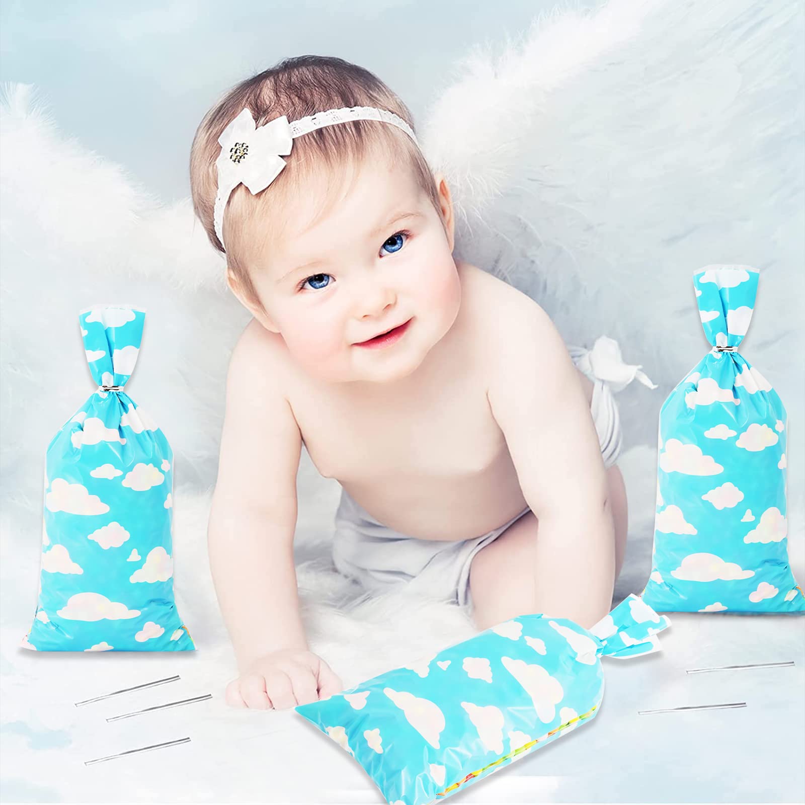 Lecferrarc 100 Pcs Blue Sky White Clouds Treat Bags White Clouds Print Cellophane Candy Bags Cartoon Story Party Favors with Twist Ties for Birthday Party Baby Shower Supplies