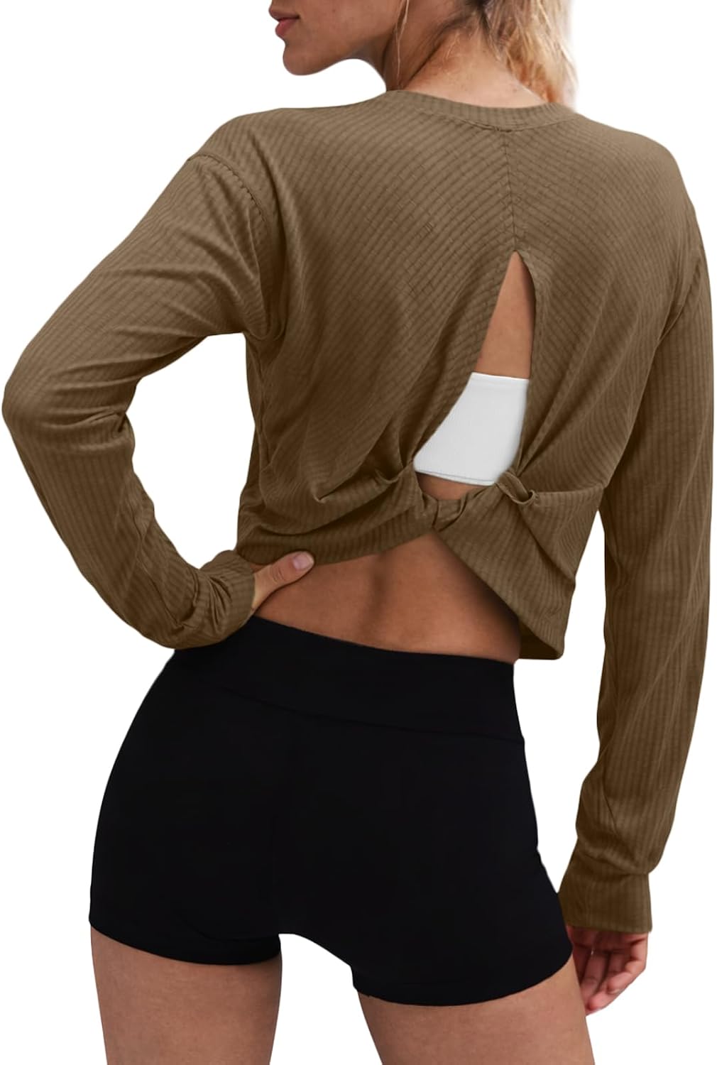 Womens Open Back Workout Tops Long Sleeve Crop Tops Athletic Backless Shirt Running Gym Tshirt Yoga Pilates Outfits