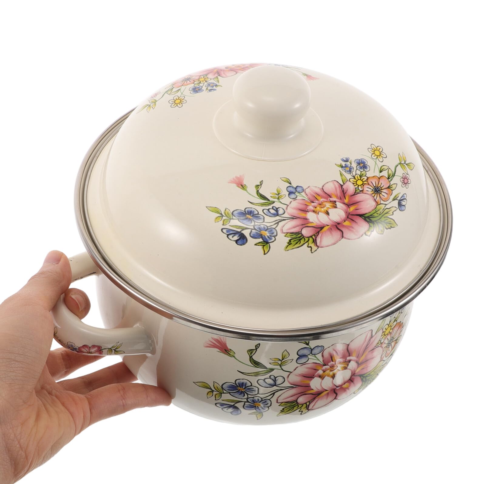 ULTECHNOVO Olla de Sopa Esmaltada Retro con Flor de Olla Pequeña para Caldo Apta para Cocina Eléctrica Gas con Tapa para Cocinar Fuego Lento
