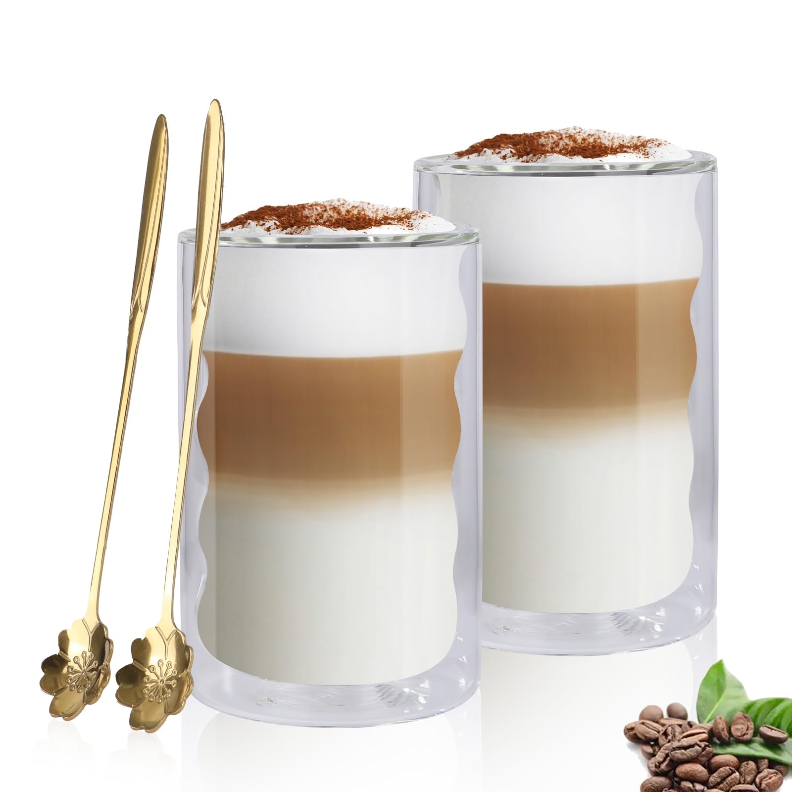 Hniuyun Double Wall Glass Coffee Mugs, 400ml Clear Coffee Mugs with Spoon, Insulated Glass Cups for Cappuccino Milk, Tea
