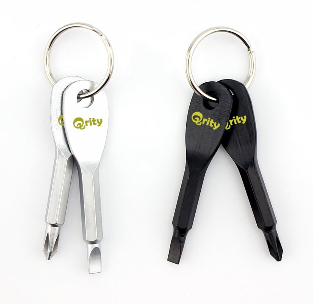 2x Qrity Mini Screwdriver Keyring Phillips and Flathead Tool, Chrome