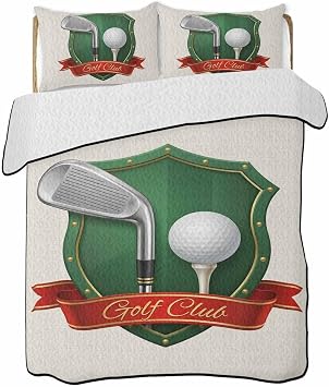 Golf Quilt Twin XL Size, Modern Red Green Sports Artwork on Linen Reversible Quilt Bedding Set with 2 Pillow Shams for Summer, Lightweight Soft Bedspread Coverlet Comforter Set for Bed Couch 68"x98"