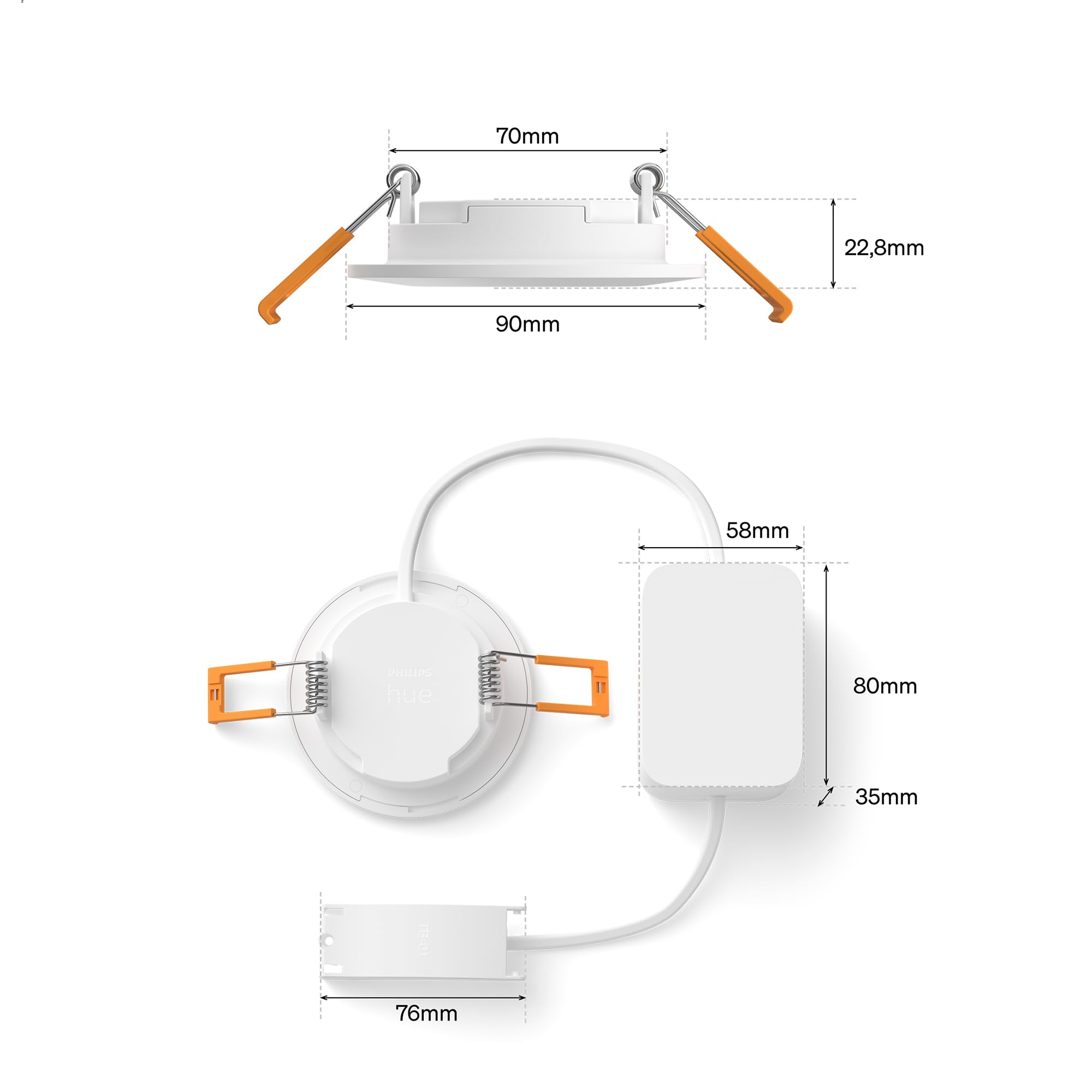 Philips Hue Slim Downlight, Plafón LED Empotrable, 1000 lm, 90 mm, Diseño Delgado, Espectro Luz de Día 1000K-20000K, Regulación Ultrabaja, Color Preciso, Iluminación Inteligente, Blanco, Pack de 3